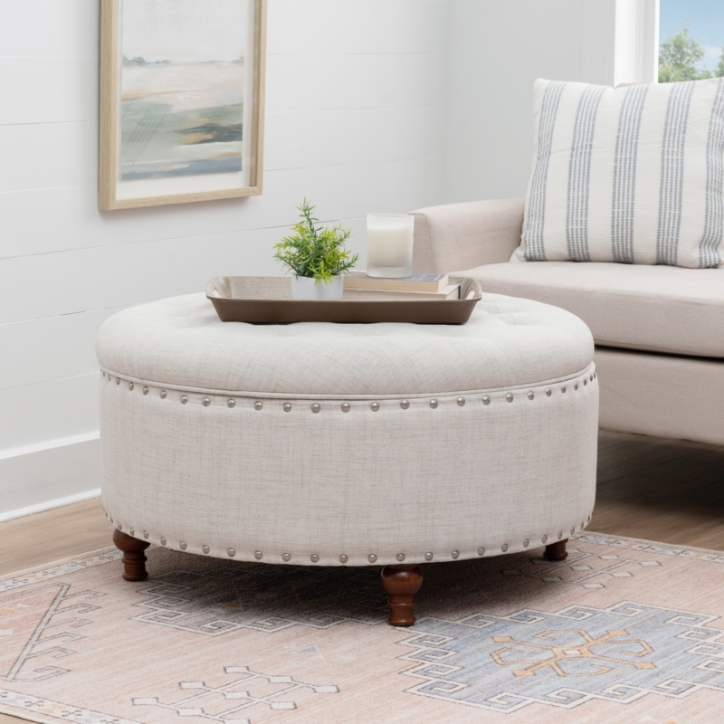 Storage Ottoman Round Beige Upholstered Tapered Legs