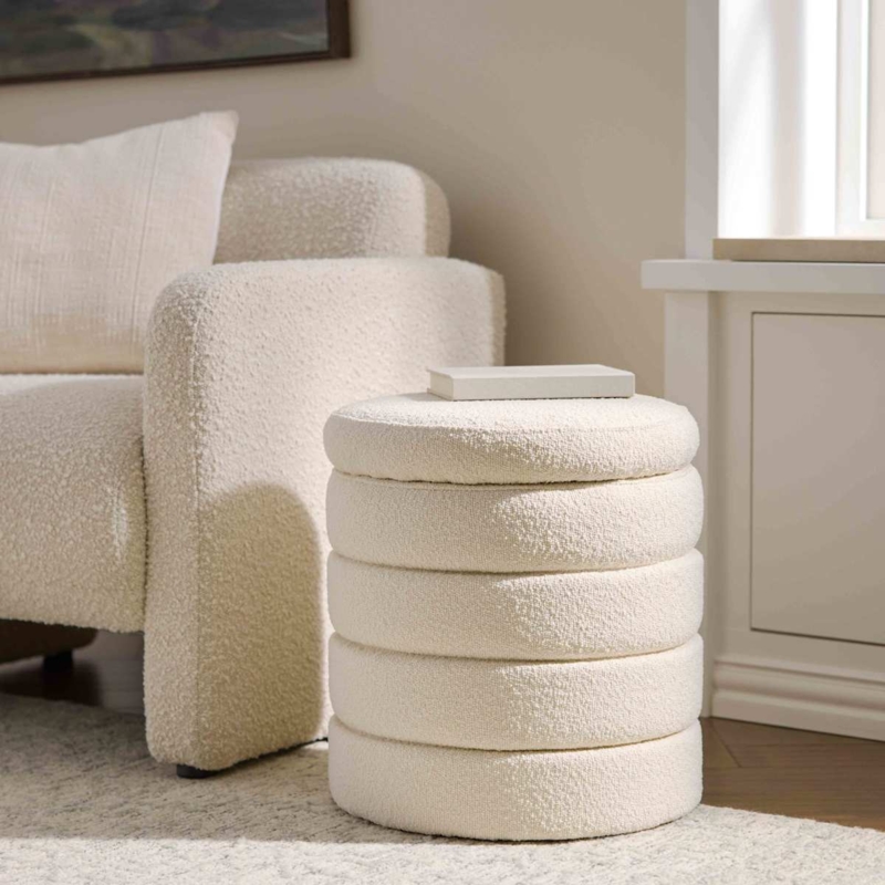 Storage Ottoman Round Boucle Removable Lid Low Profile Feet