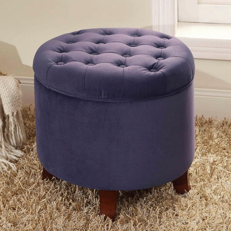 Storage Ottoman Round Button Tufted Removable Lid Purple Velvet