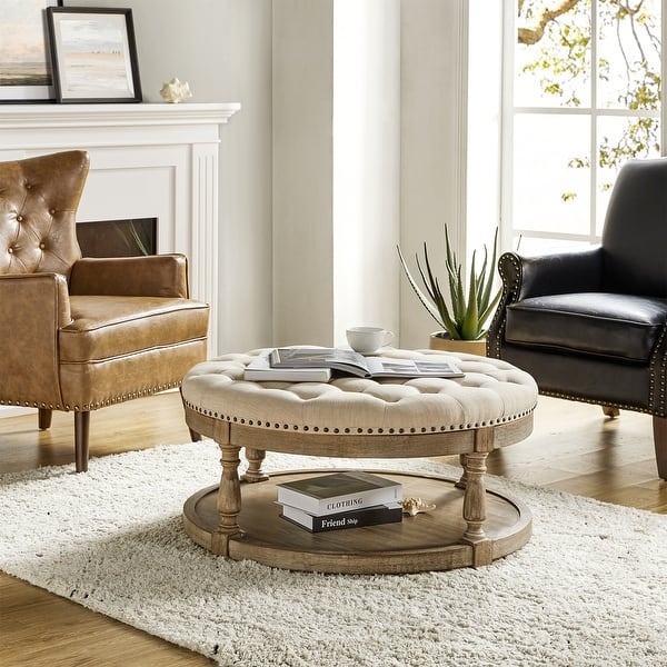 Storage Ottoman Round Button-Tufted Spindle Legs Light Blue