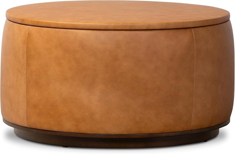 Storage Ottoman Round Cognac Leather Look Walnut Base Mid-Century Modern