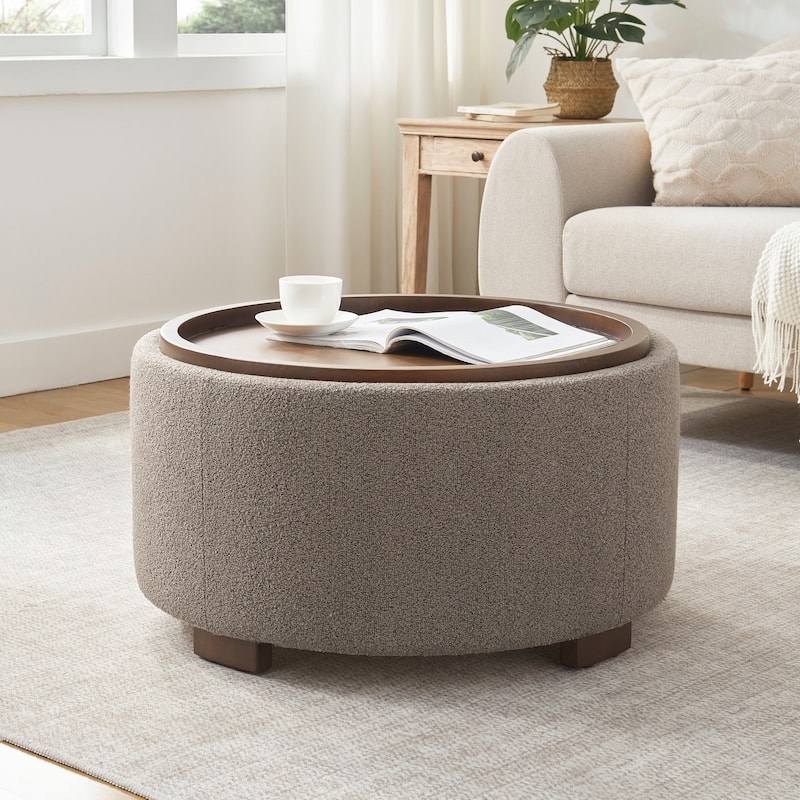 Storage Ottoman Round Cream Fabric Base with Removable Tray Top