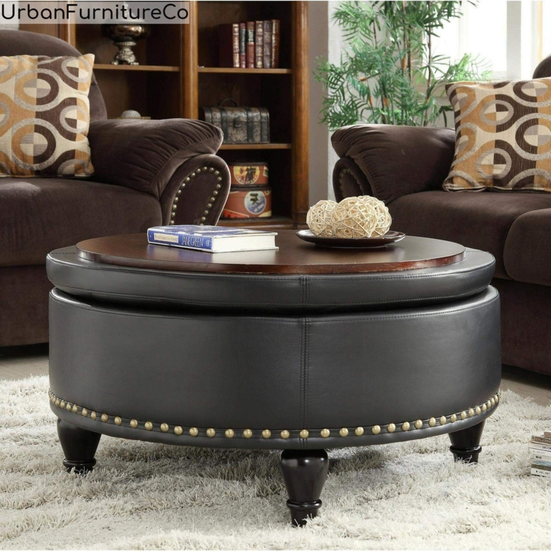 Storage Ottoman Round Cream Flip-Top Tray Nailhead Bun Feet Transitional