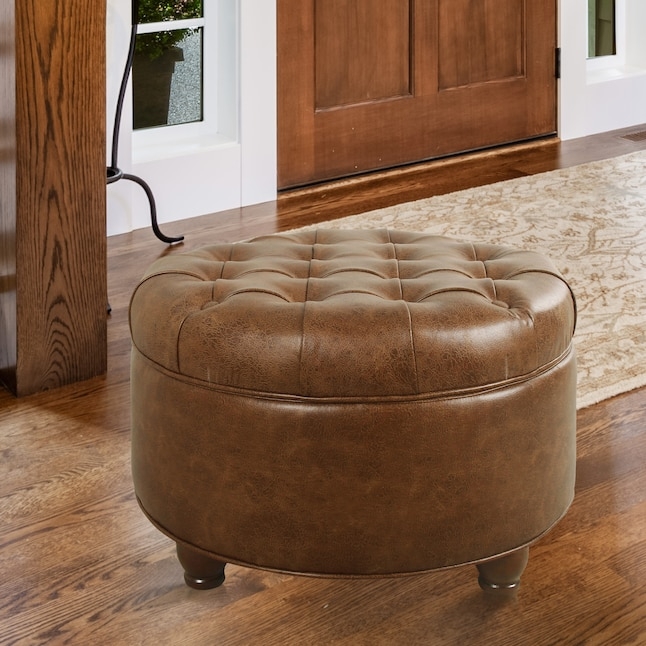 Storage Ottoman Round Distressed Brown Button Tufted Lift Off Lid