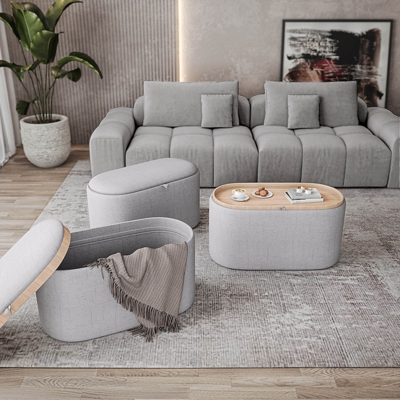 Storage Ottoman Round Drum Shape Cream with Reversible Wood Tray