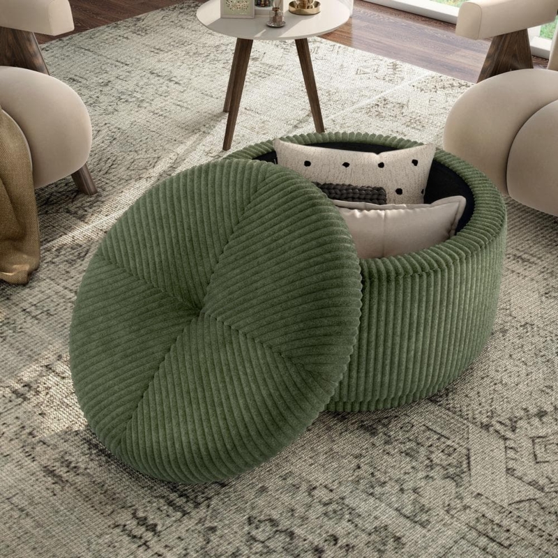 Storage Ottoman Round Forest Green Ribbed Corduroy Texture