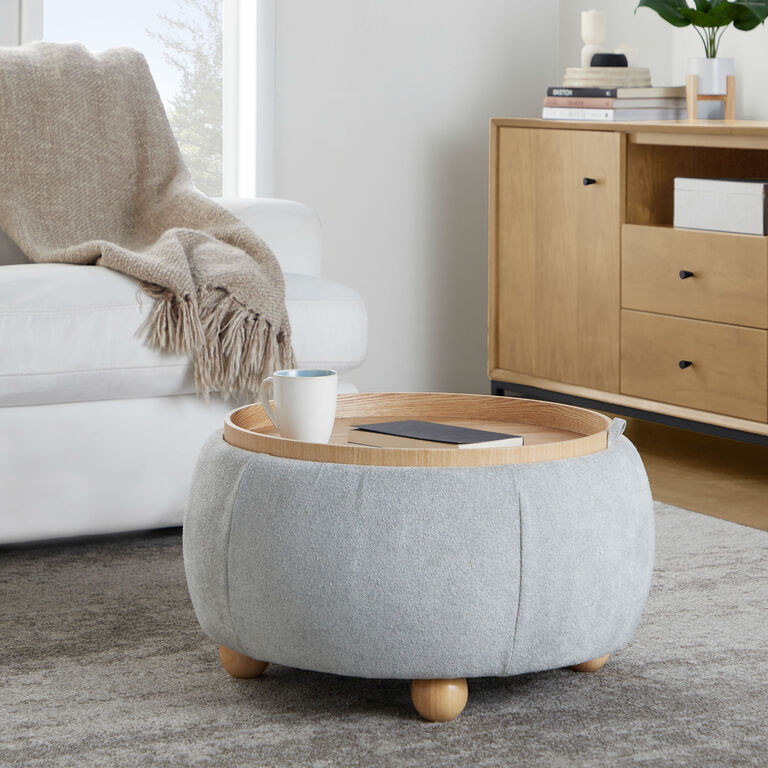 Storage Ottoman Round Light Gray Mid-Century Modern Tapered Legs