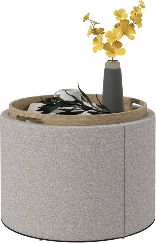 Storage Ottoman Round Light Gray Scandinavian Style Wood Legs