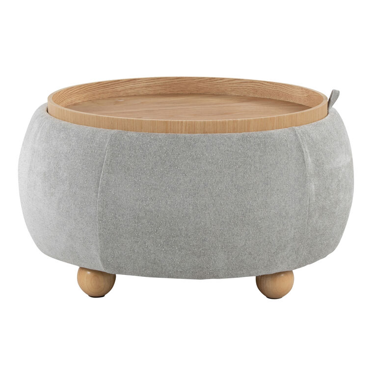Storage Ottoman Round Light Gray with Piped Edges and Tray Top
