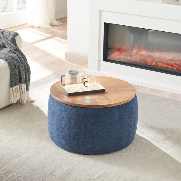 Storage Ottoman Round Light Grey with Flip Top Tray and Legs