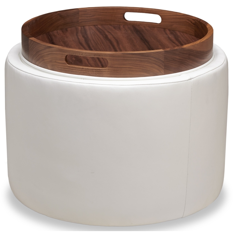 Storage Ottoman Round Off-White Fabric with Hidden Casters Tray