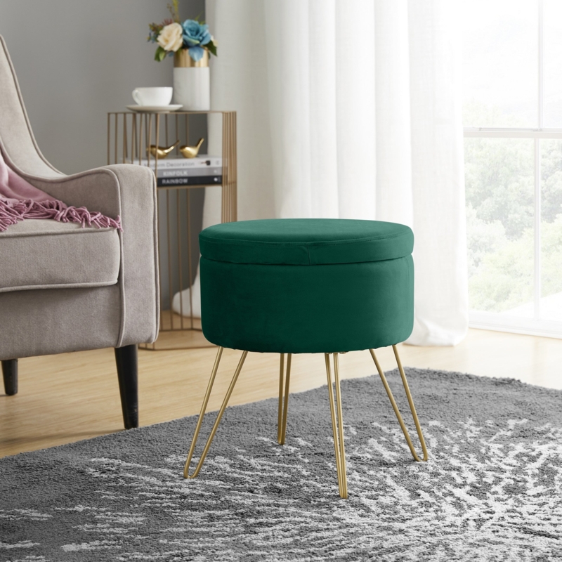 Storage Ottoman Round Pleated Velvet Gold Tapered Legs with Lid