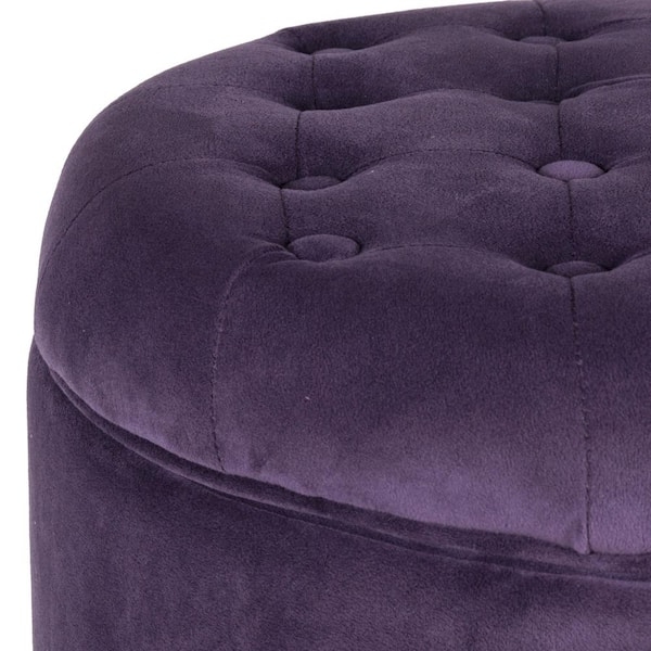 Storage Ottoman Round Tufted Seat with Dark Tapered Legs Purple Velvet