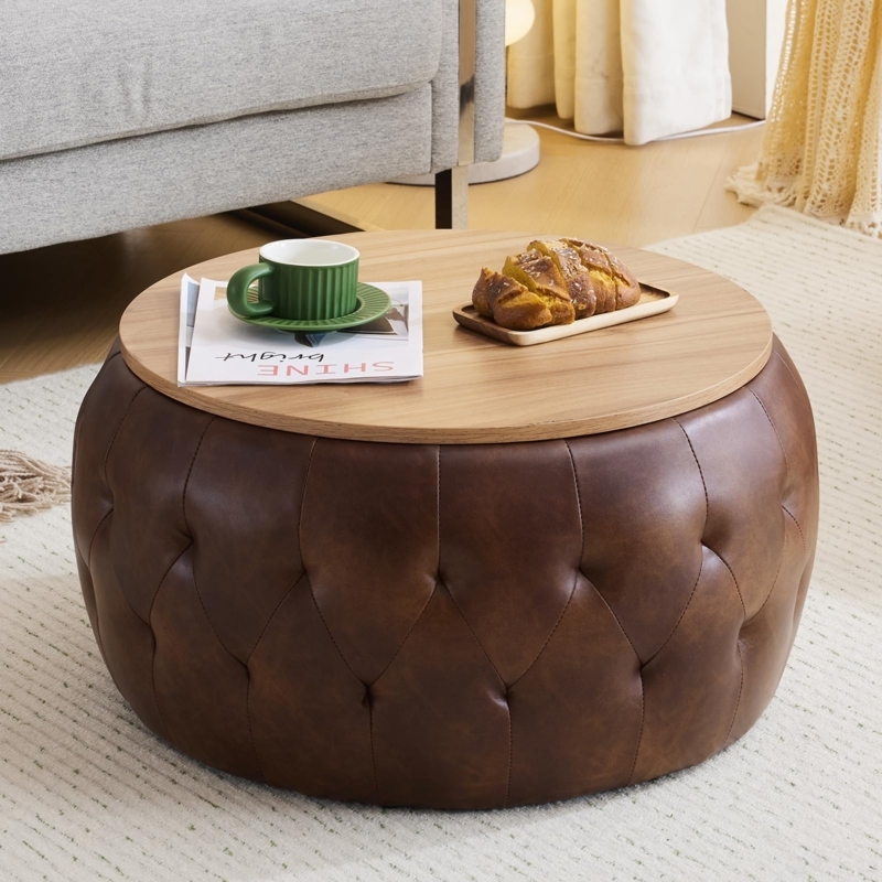 Storage Ottoman Round Tufted with Removable Wooden Tabletop Lid