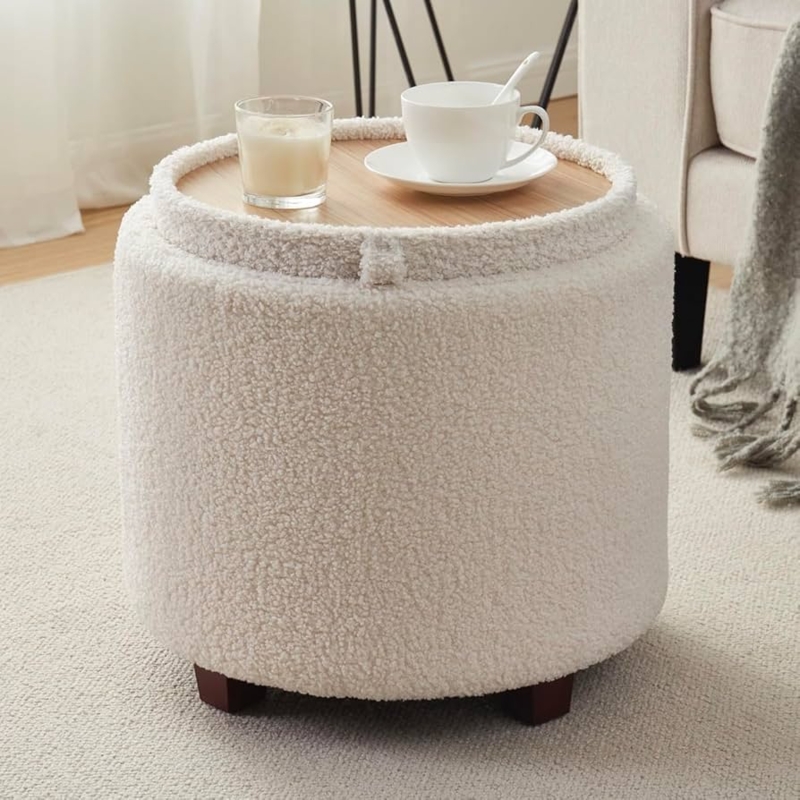 Storage Ottoman Round White Boucle Texture with Flip Top Tray
