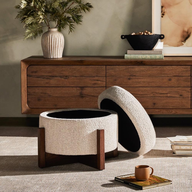 Storage Ottoman Round Wood Base Boucle Texture