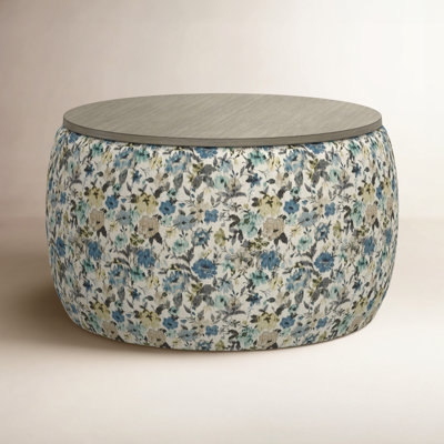 Storage Ottoman Round Wood Tray Top Neutral Grey Farmhouse Seating