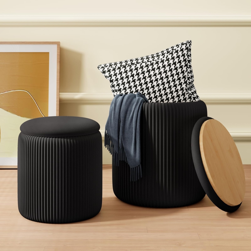 Storage Ottoman Set Black Velvet Gold Base Glam Vanity Stool