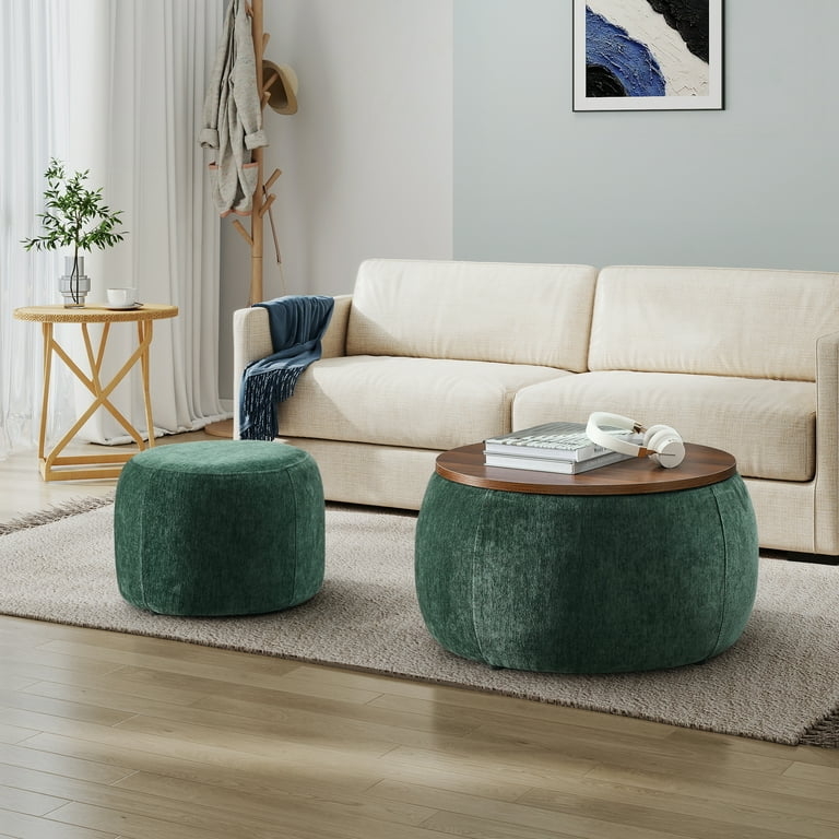 Storage Ottoman Set Forest Green Ribbed Chenille Nesting Wood Lids