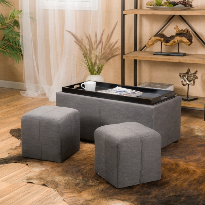 Storage Ottoman Set Gray Fabric with Nested Poufs and Tray Top