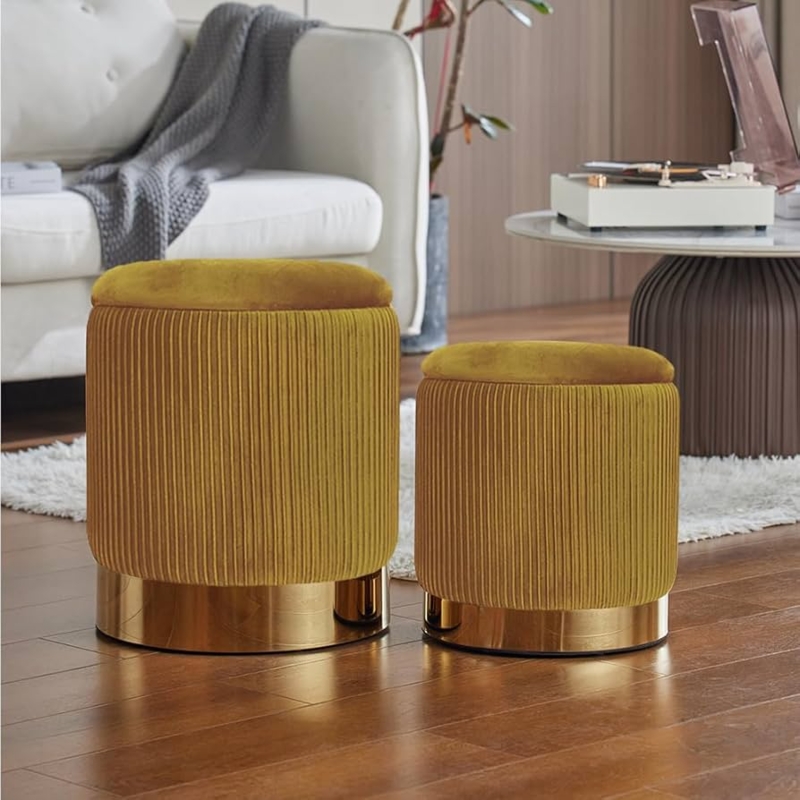 Storage Ottoman Set Ribbed Velvet Mustard Yellow