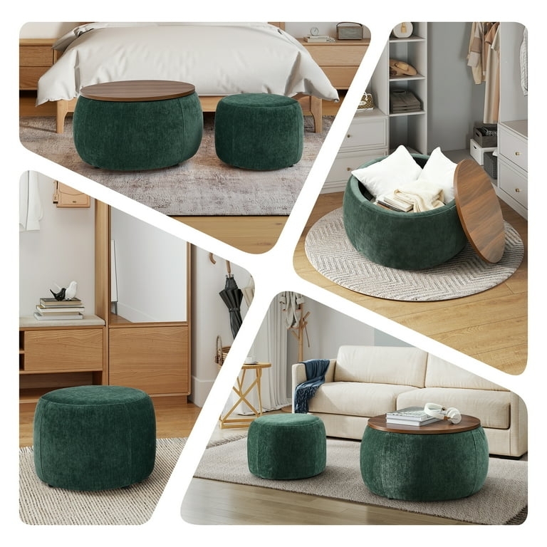 Storage Ottoman Set Sage Green Chenille Nested Natural Wood Base