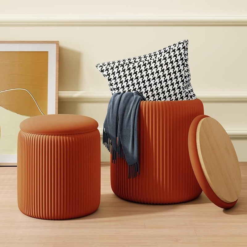 Storage Ottoman Set Velvet Terracotta Cream Round Gold Base Glam