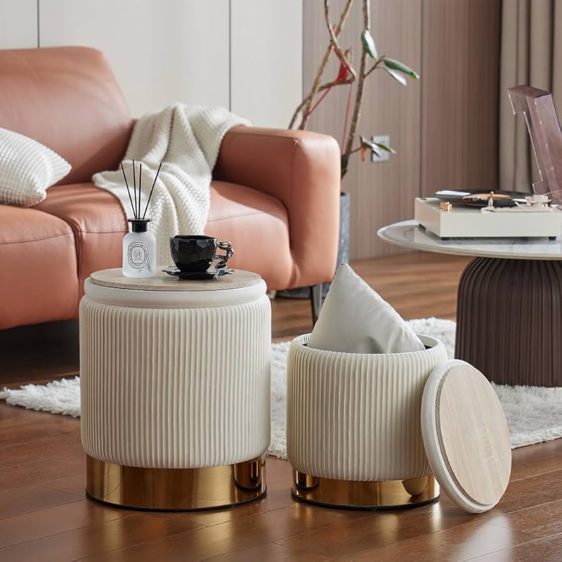 Storage Ottoman Set White Velvet Gold Base Round Nesting