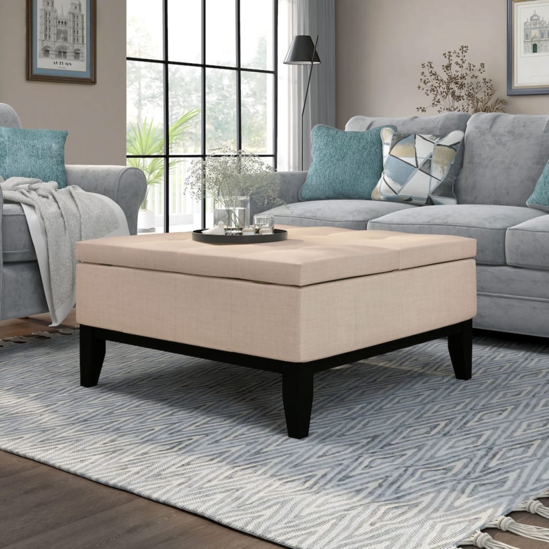 Storage Ottoman Split Top Integrated Tray Charcoal Gray Tufted
