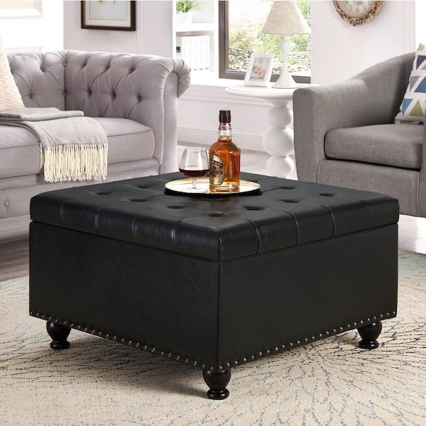 Storage Ottoman Square Black Leather-Like Tufted Nailhead Tapered Legs