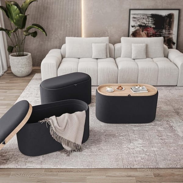 Storage Ottoman Square Black Linen-Like with Reversible Tray Top