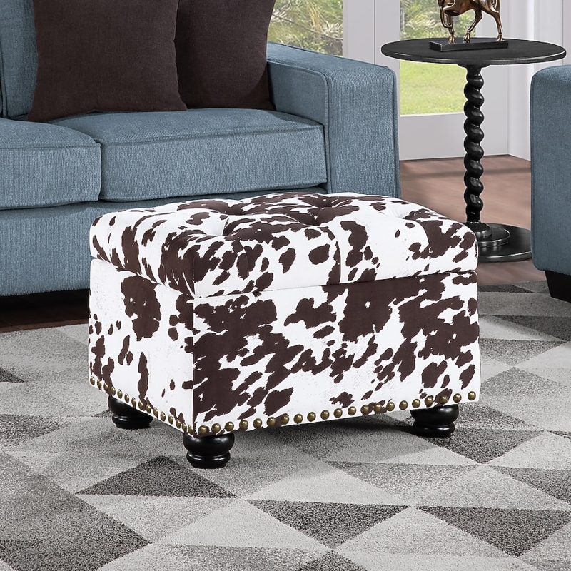 Storage Ottoman Square Cow Print Turned Wood Feet Farmhouse