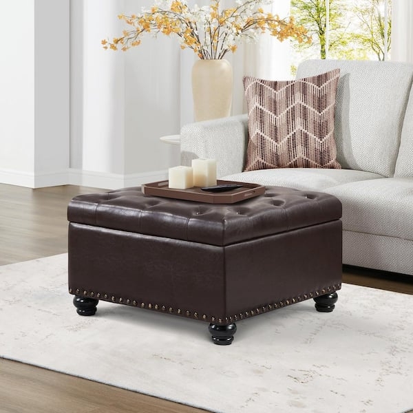 Storage Ottoman Square Espresso with Reversible Tray Lid Faux Leather