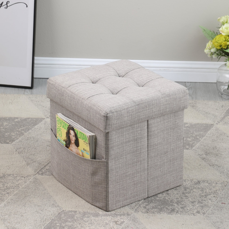 Storage Ottoman Square Grey Nailhead Trim Button Tufted