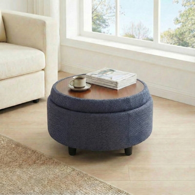 Storage Ottoman Square Light Gray with Flip-Top Wood Tray Lid