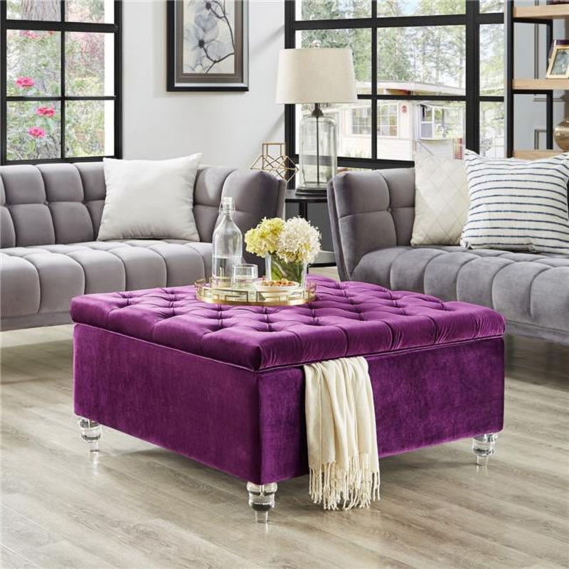 Storage Ottoman Square Tufted Lid with Clear Acrylic Tapered Legs