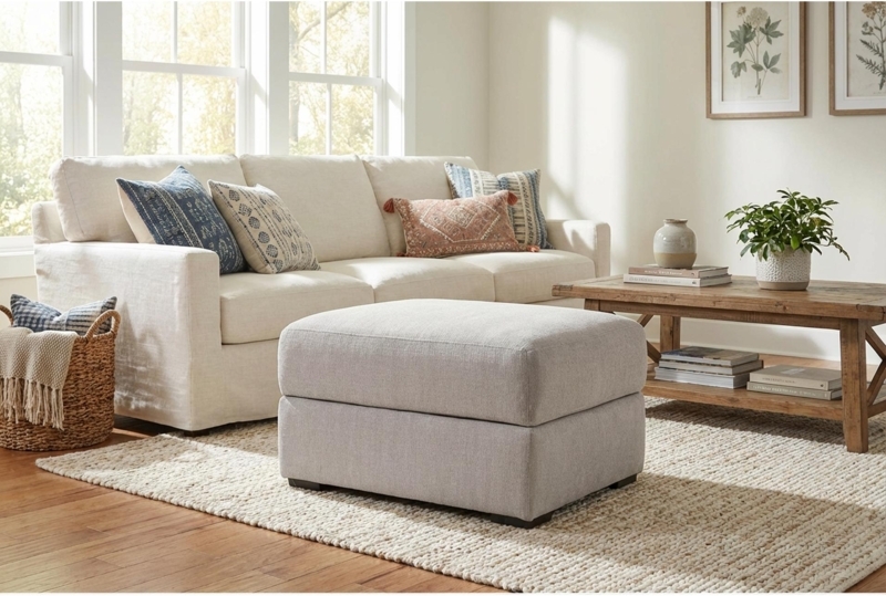 Storage Ottoman Storage Compartment Round Silhouette Tapered Legs Cream