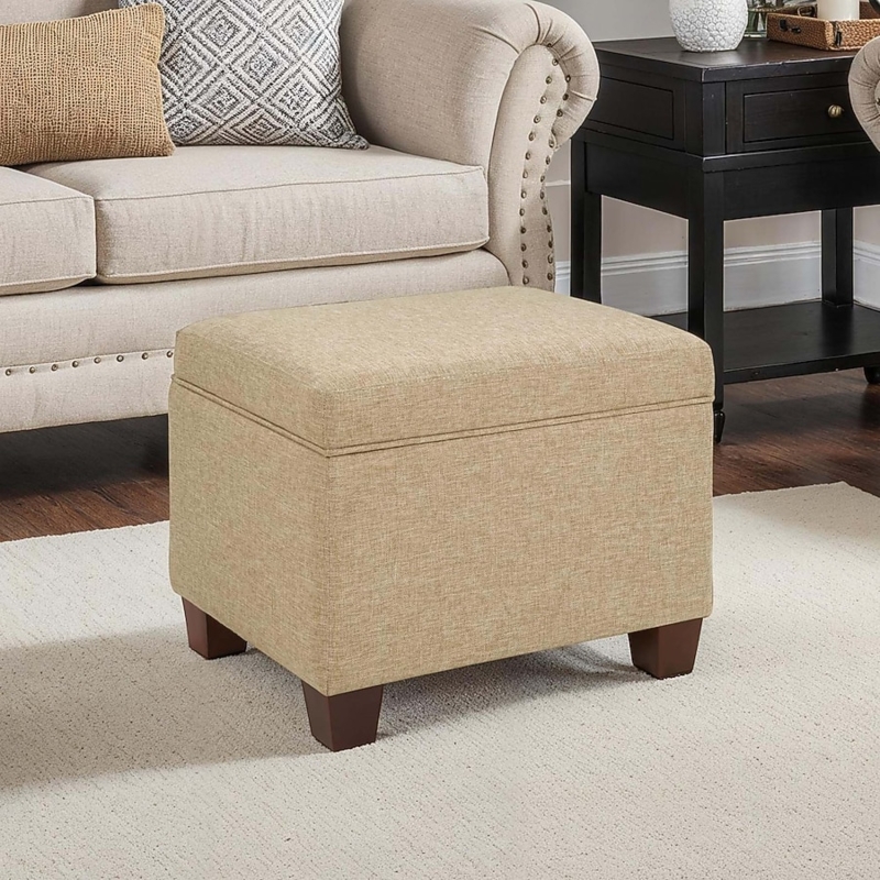 Storage Ottoman Tan Fabric Button Tufted Rectangular Hinged Lid