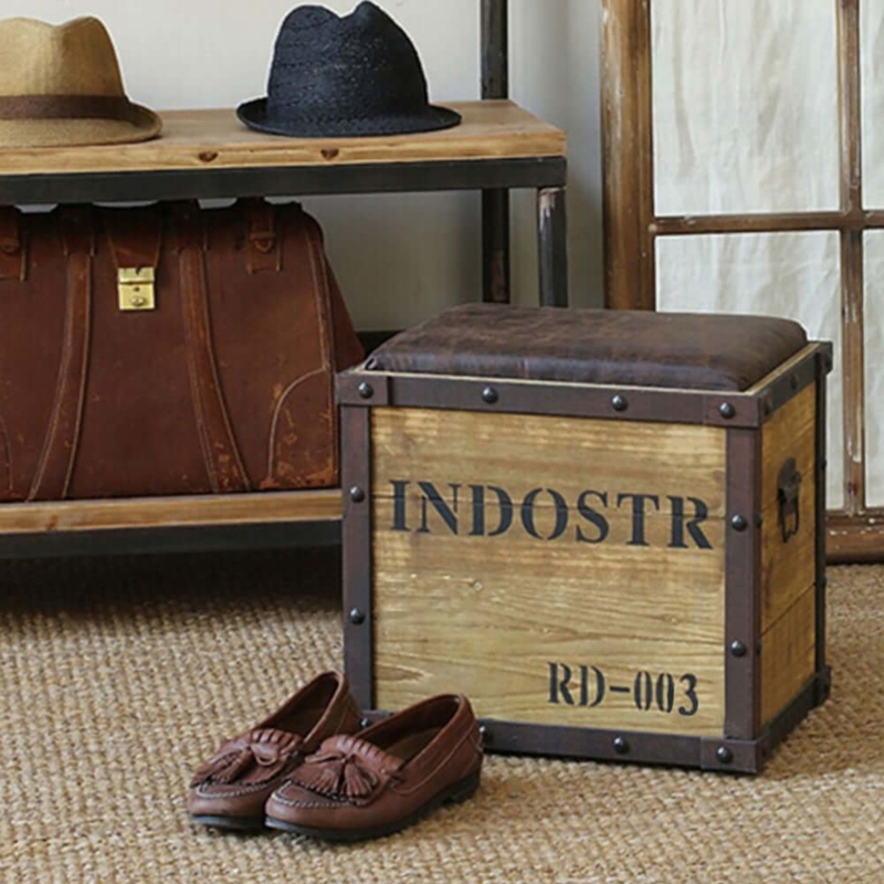 Storage Ottoman, Tan Leather-like Top Wood Base Drawer