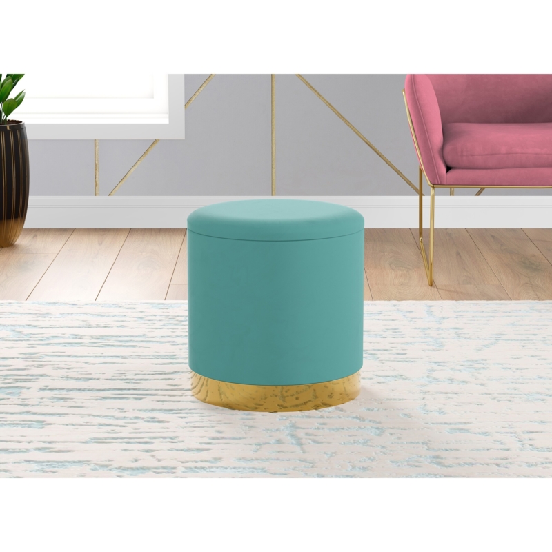 Storage Ottoman Teal Velvet Gold Metal Base Round Glam