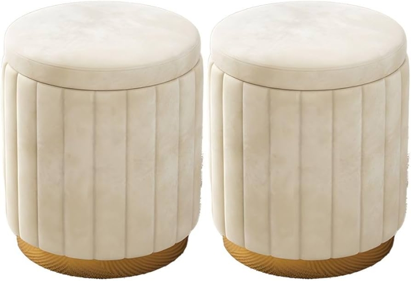 Storage Ottoman Vertical Channeling Gold Base Beige Set