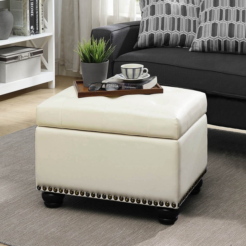Storage Ottoman with Flip Top Tray Cream Button Tufted