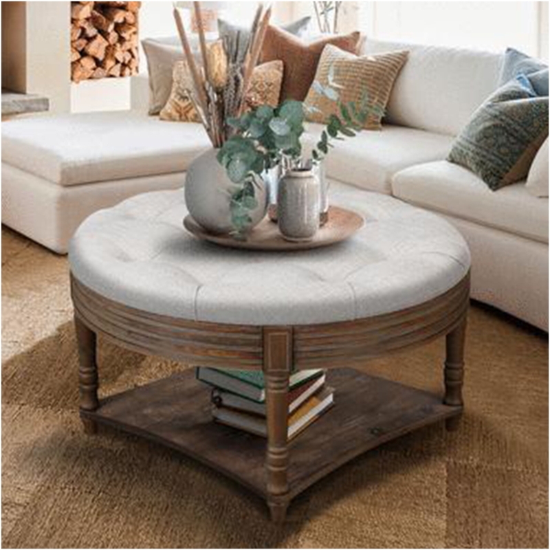 Storage Ottoman with Large Circular Form, Diamond Tufting, Light Gray