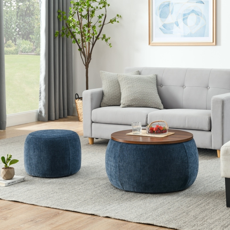 Storage Ottoman with Nesting Stool Dark Blue Round 2-in-1 Set