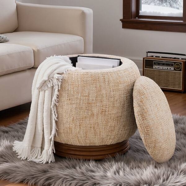 Storage Ottoman with Slatted Wood Base and Cream Top