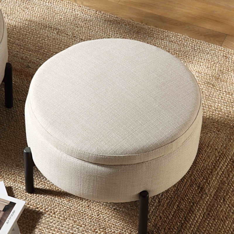 Storage Pouffe Round Beige Linen Piped Edges Removable Lid