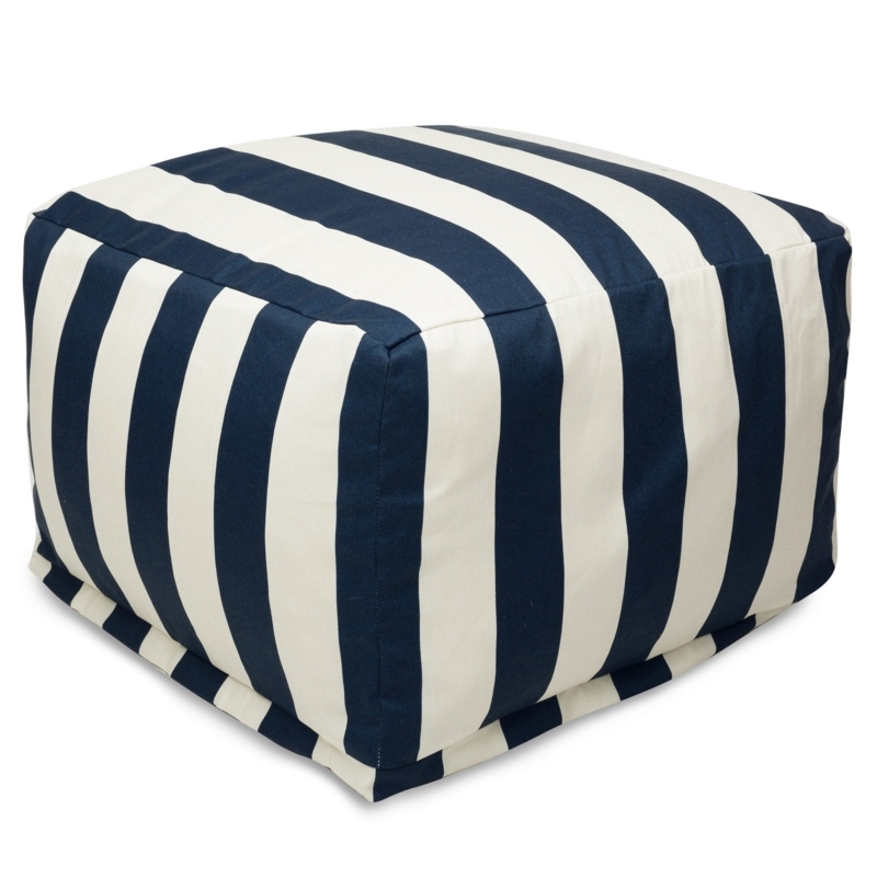 Striped Drum Pouf with Piped Edges, Coastal Floor Seat