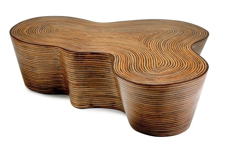 Striped Wood Drum Coffee Table. Concentric Two-Tone Pattern, Geometric.