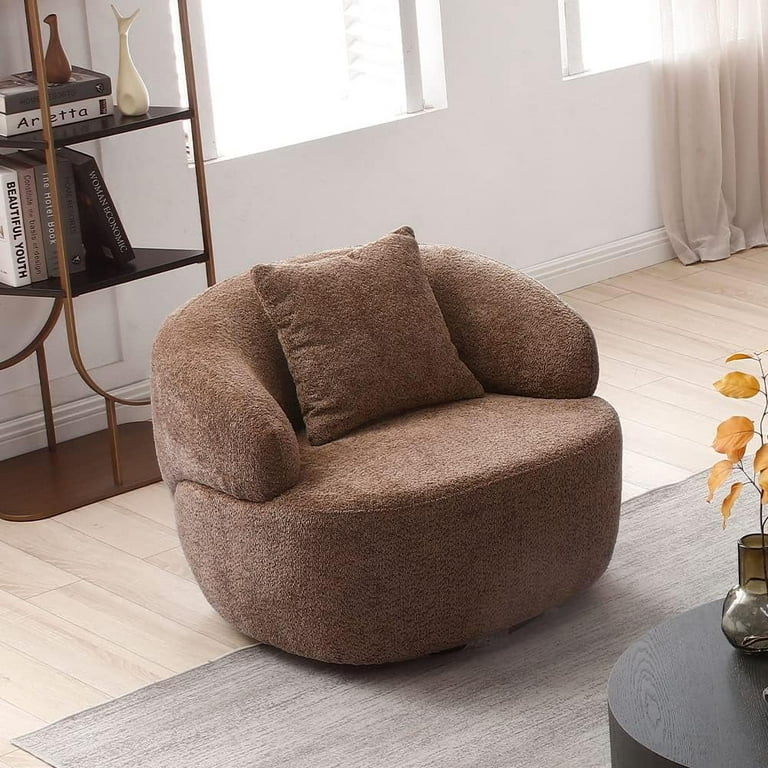 Swivel Accent Chair Brown Boucle Curved Base Deep Seat