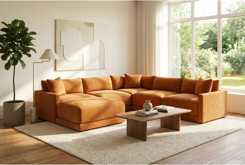 Symmetrical Sectional Sofa U-Shaped Emerald Green Velvet Layout